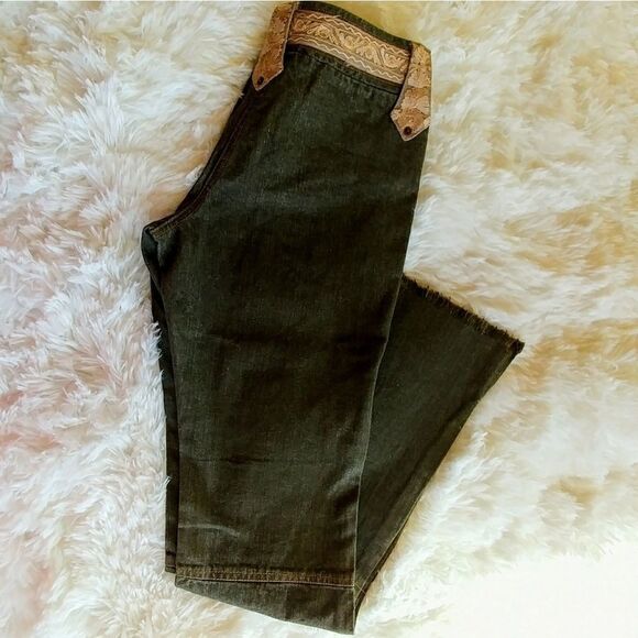 Tracy Reese Boho Paisley Jeans Olive W/ Gold Brocade Paisley RARE  VINTAGE & NEW - Picture 2 of 6